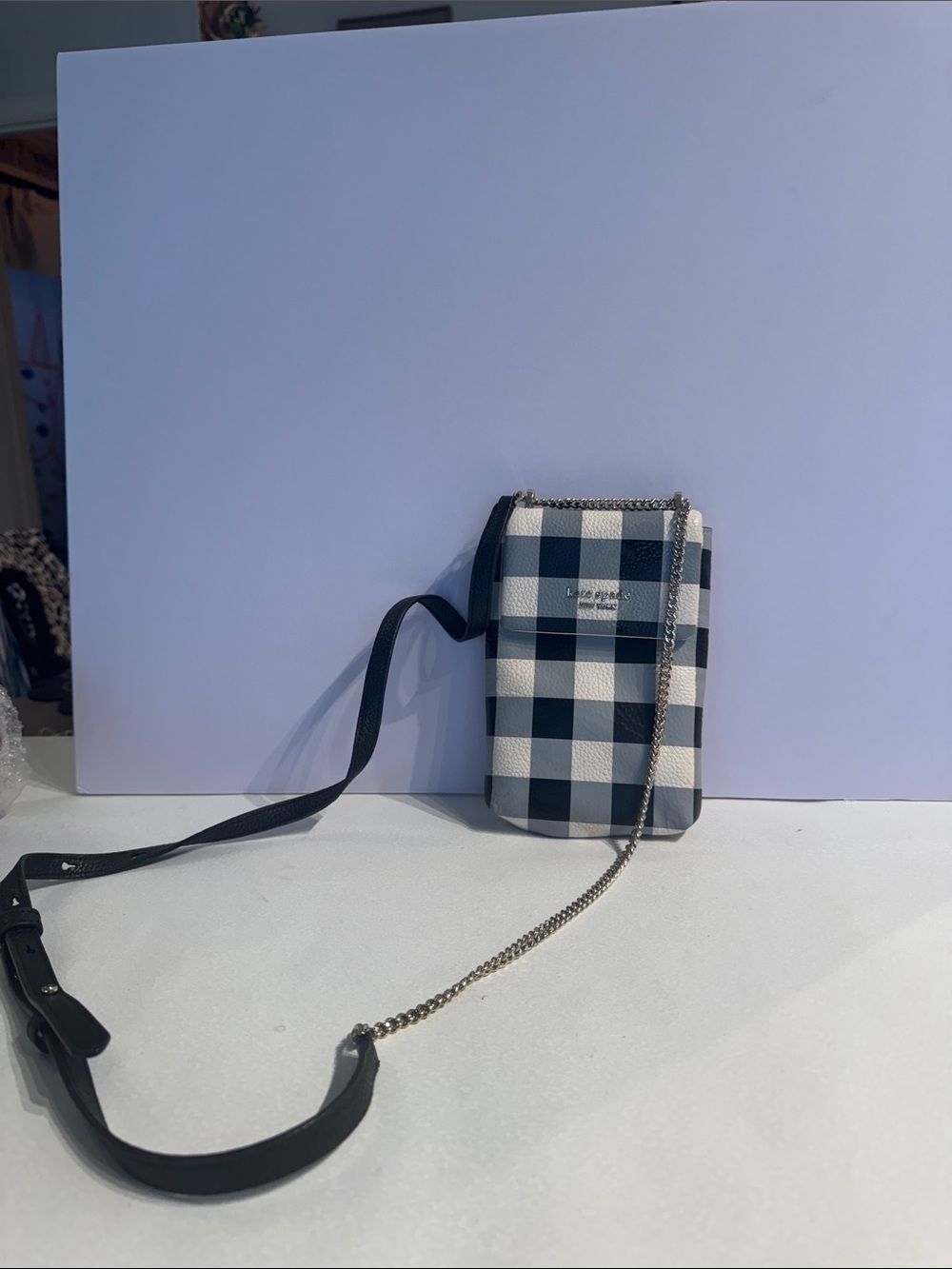 kate spade Navy & White Gingham Crossbody Phone Bag with Chain